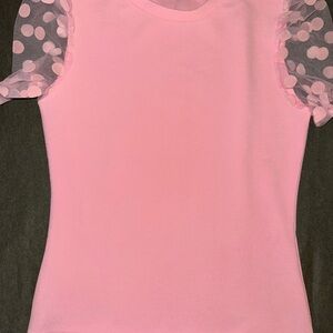 Pink Top with Polka Dot Mesh Sleeves